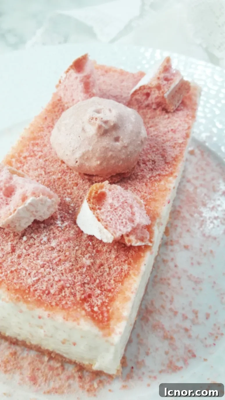 Close-up of a slice of Biscuits Roses de Reims Cheesecake on a plate, showing the pink crust and creamy filling.