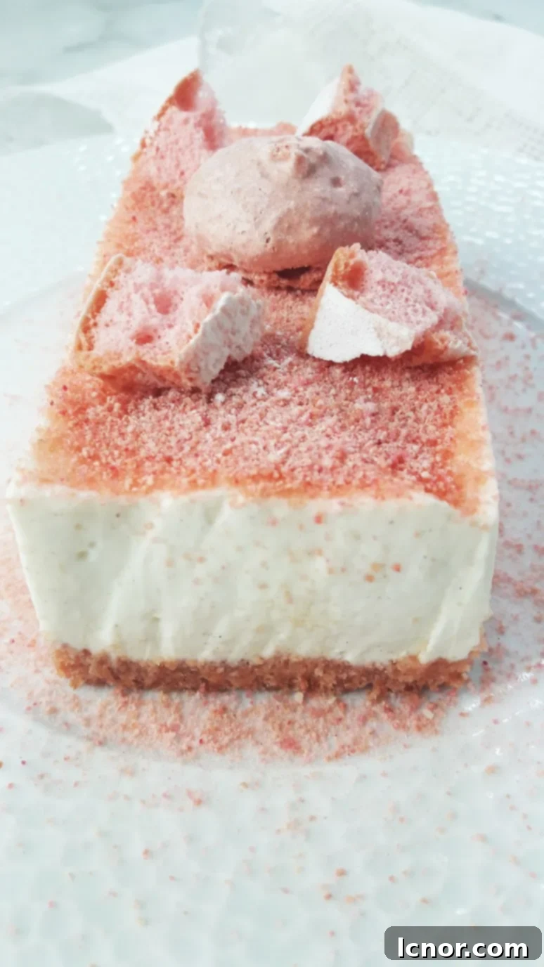 Biscuits Roses de Reims cheesecake with a vibrant pink color, ready to be served.