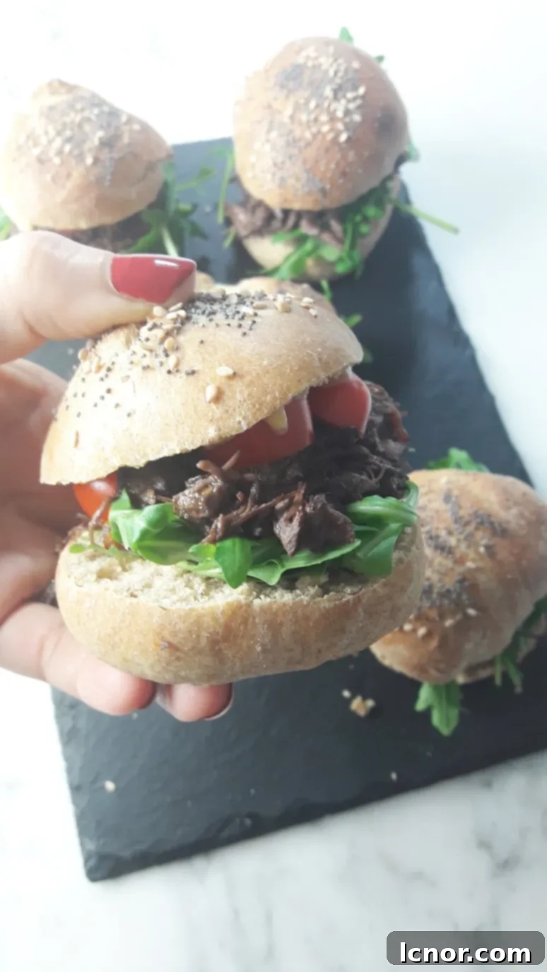 Delicious mini Boeuf Bourguignon burgers with homemade poppy and sesame seed buns, ready to serve.