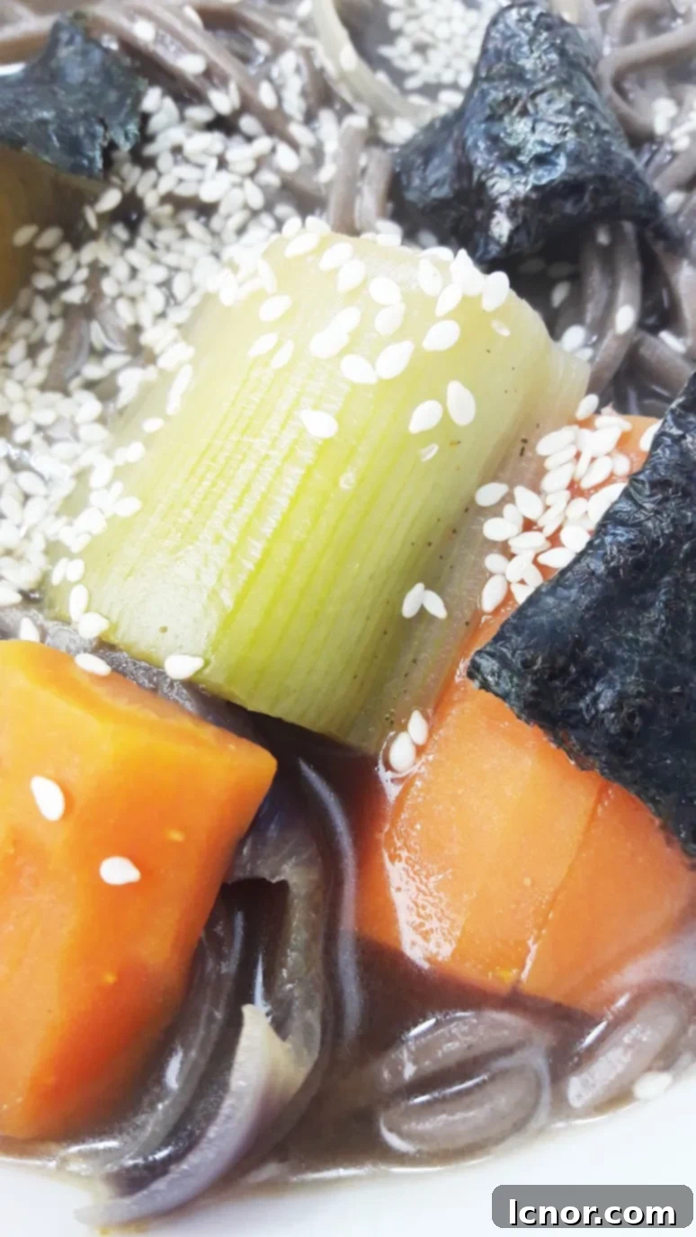 A bowl of hot miso soup with steam rising, showing soba noodles, carrots, and leeks.