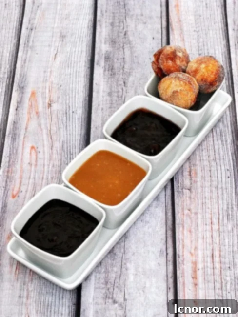 romantic breakfast ideas for Valentine's Day. | Donut holes with a trio of dipping sauces. | ahedgehoginthekitchen.com