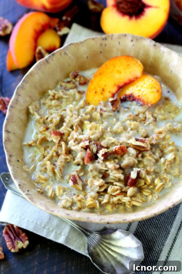 romantic breakfast ideas for Valentine's Day. | Peaches + Cream Oatmeal | ahedgehoginthekitchen.com