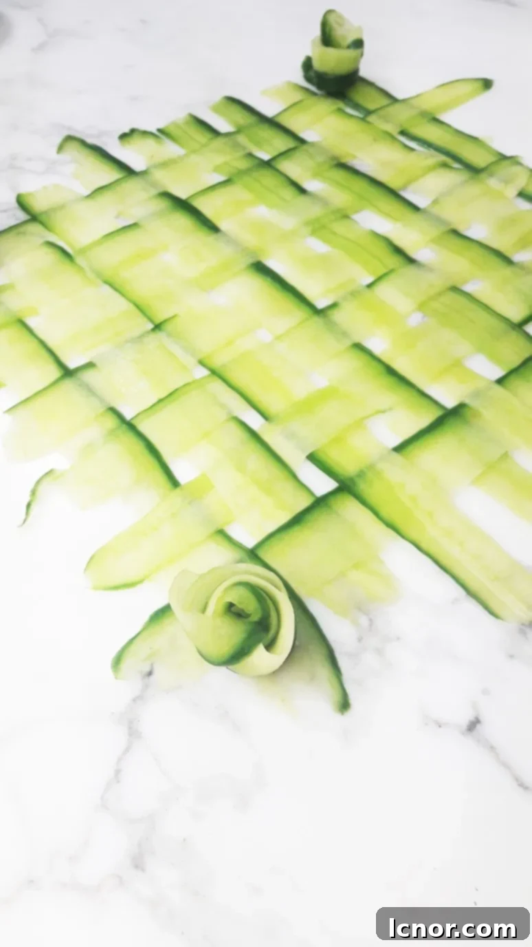 Step-by-step image showing how to weave a cucumber mat, with cucumber strips laid out ready for weaving.