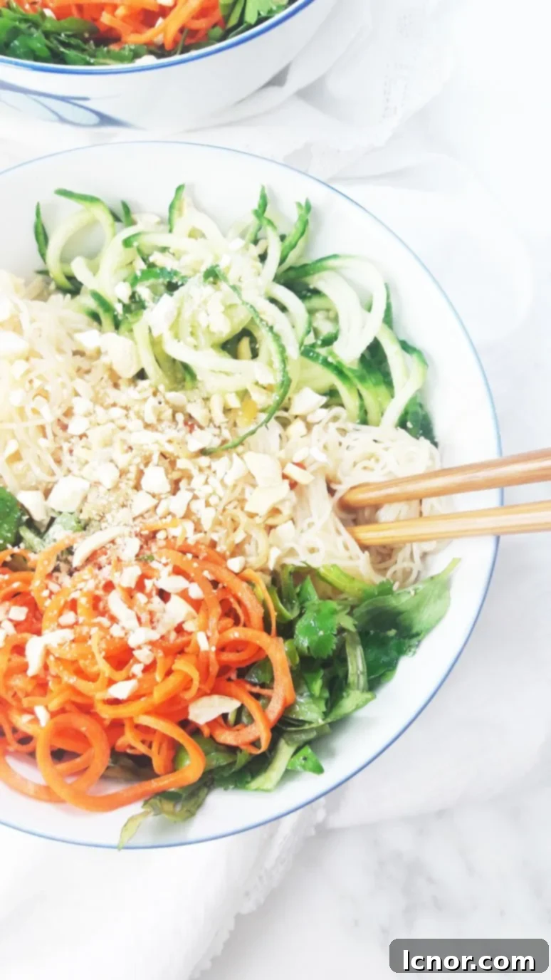 Asian spiralized vegetable noodle salad. The perfect healthy lunch or dinner! | ahedgehoginthekitchen.com