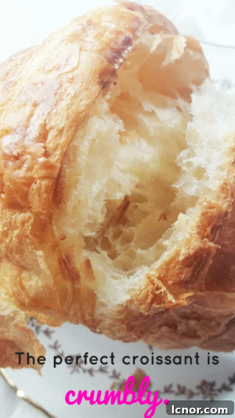 A flaky croissant, with crumbs falling, indicating its delicate texture.
