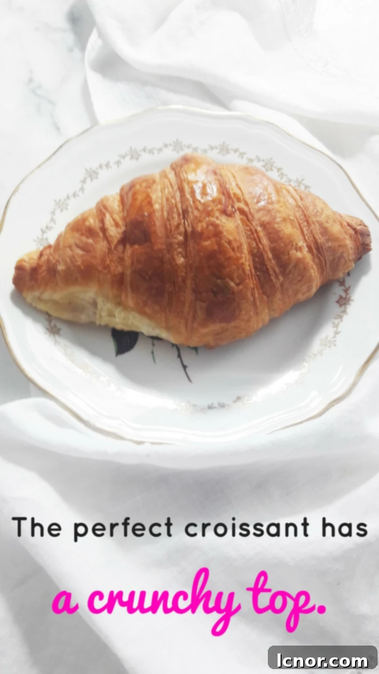 A golden croissant with a visibly crunchy top.