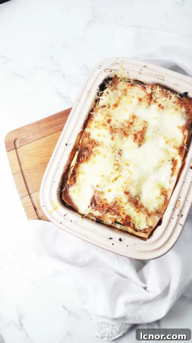 Close-up of baked salmon zucchini lasagna, showcasing the creamy layers and golden cheese. A healthy and easy weeknight dinner idea.