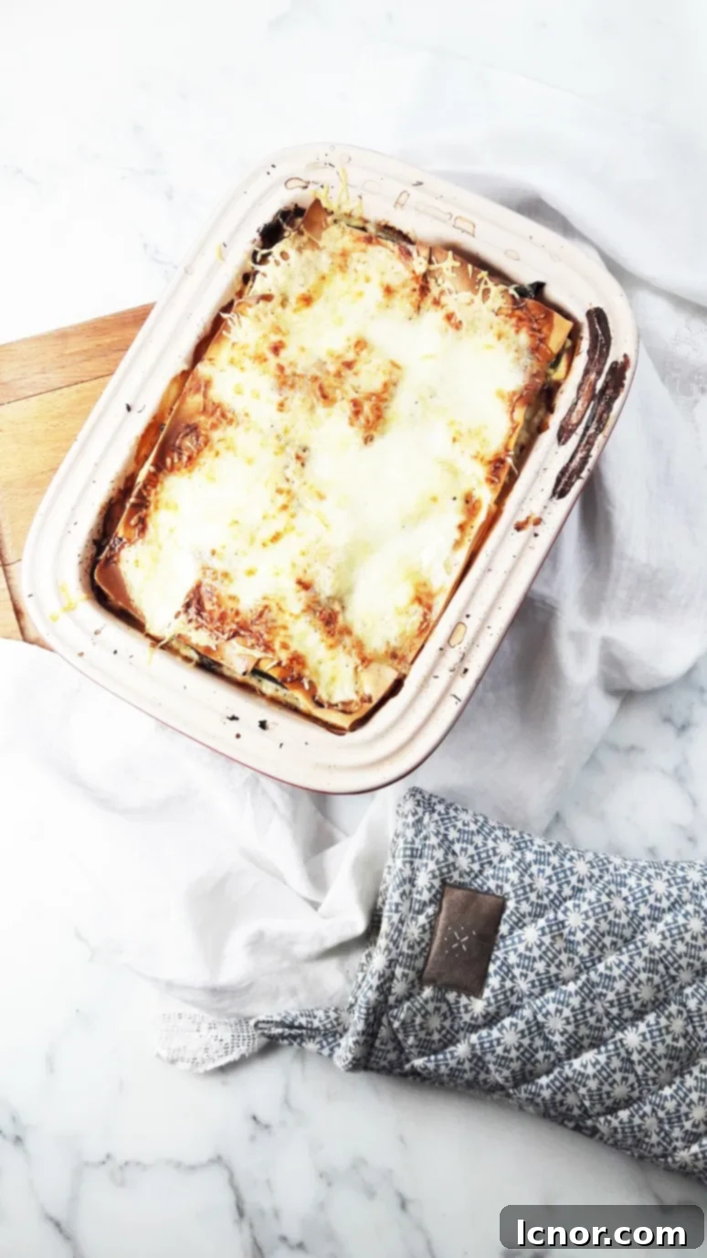 A whole baked salmon zucchini lasagna, fresh out of the oven, with golden-brown cheese and vibrant ingredients visible.