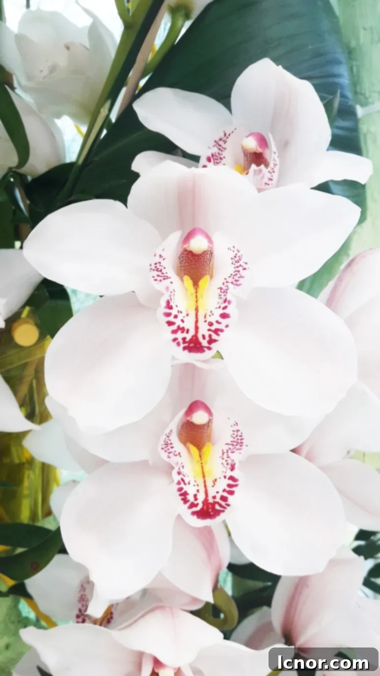 A stunning arrangement of white and purple orchids in a pavilion.