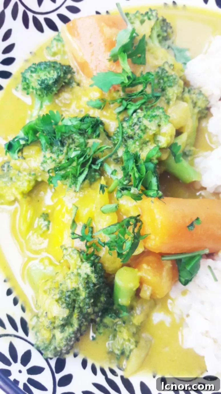 Fresh cilantro being added to a serving of broccoli carrot potato coconut curry.
