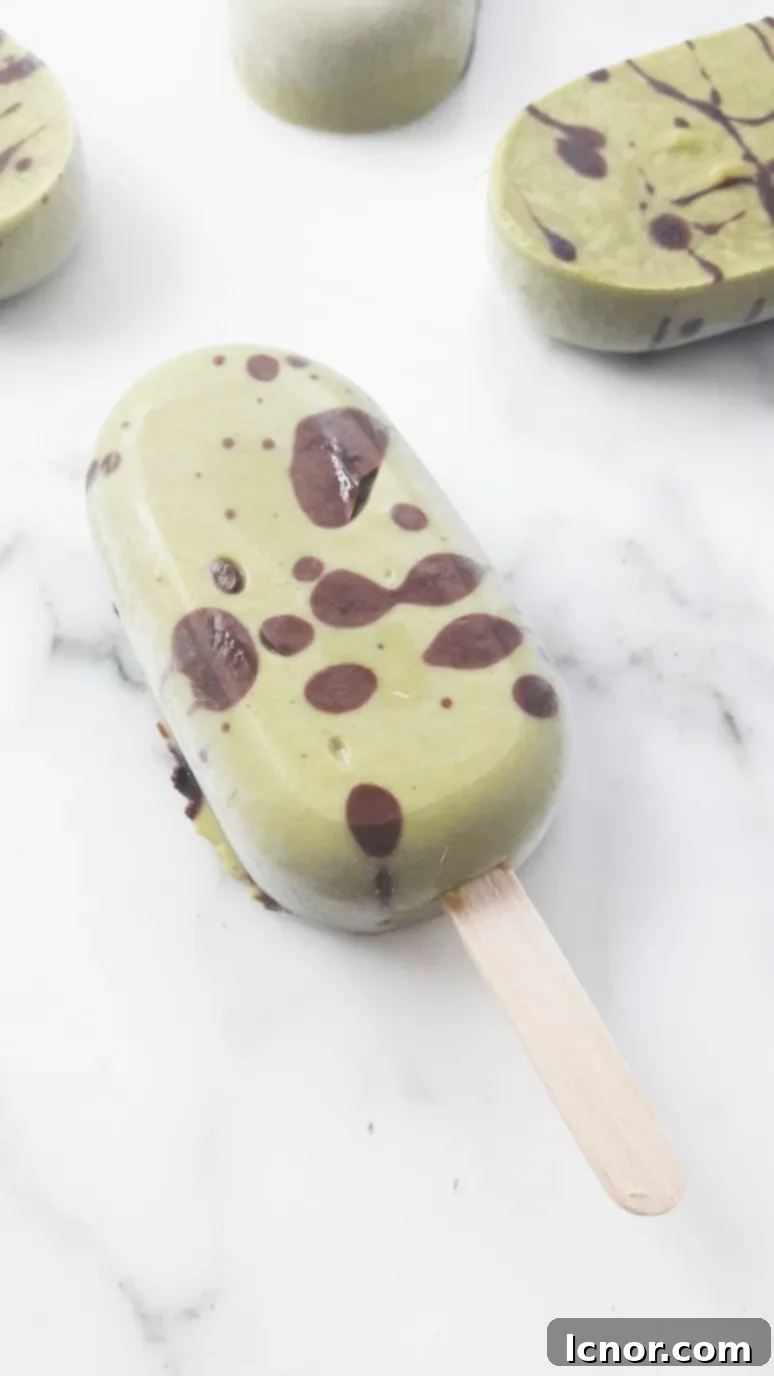 Sugar-free matcha chocolate popsicles. A rich green matcha base with swirls of dark chocolate, presented elegantly.