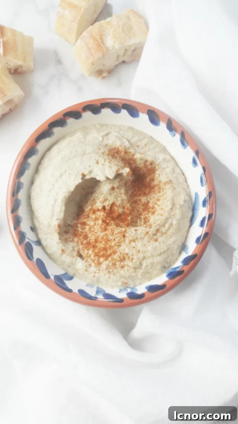 Freshly made Baba Ganoush drizzled with olive oil and sprinkled with paprika, ready to enjoy.