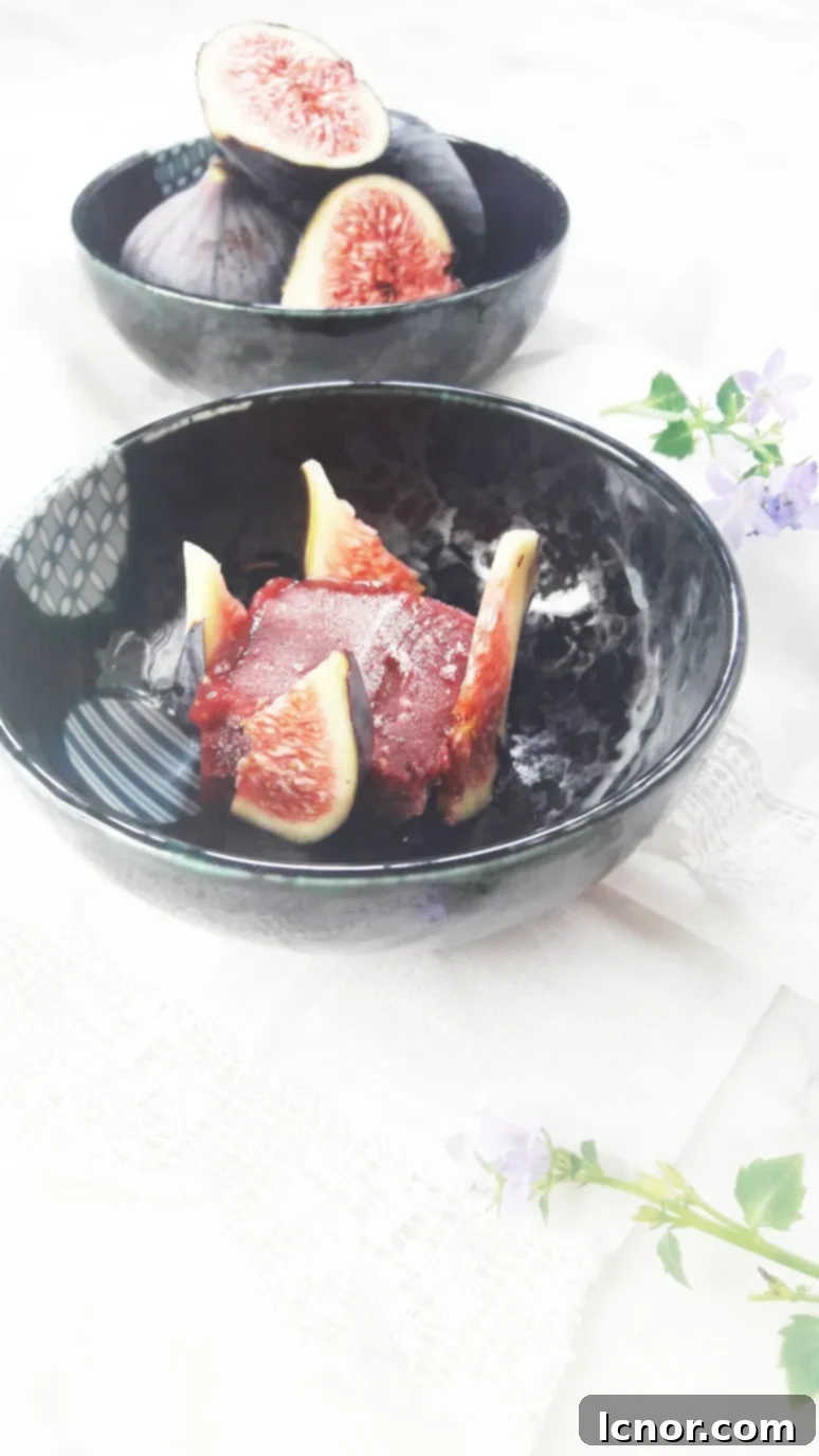 Heavenly fig sorbet served in a elegant bowl, garnished with a fresh fig slice and mint. Perfect for fig season or as a light dessert.