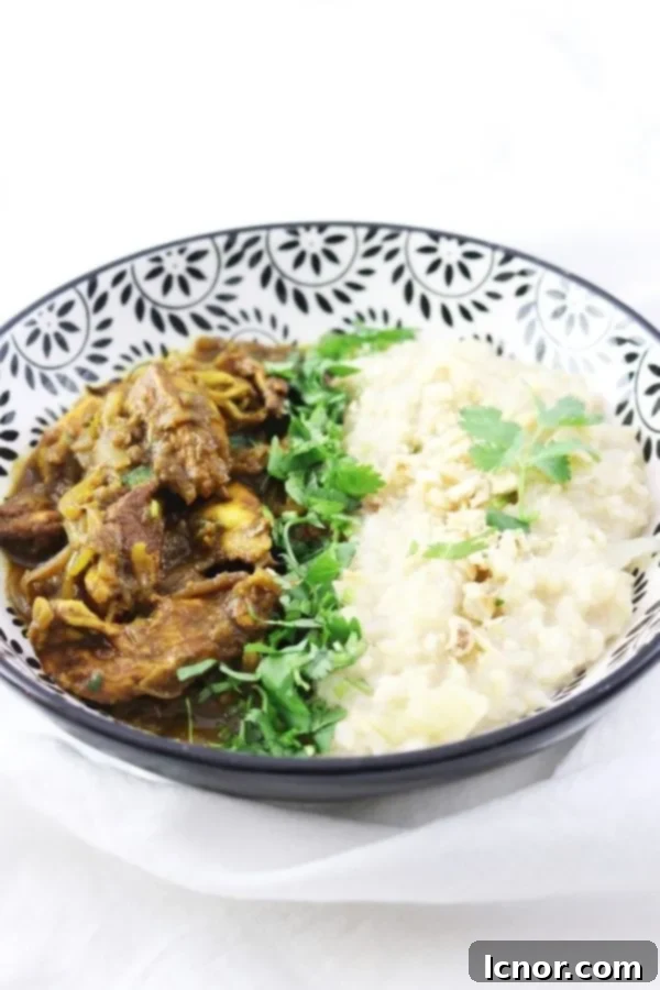 Burmese chicken curry and rice in a bowl