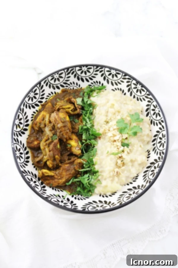 overhead photo of Burmese chicken curry with coconut rice in a bowl