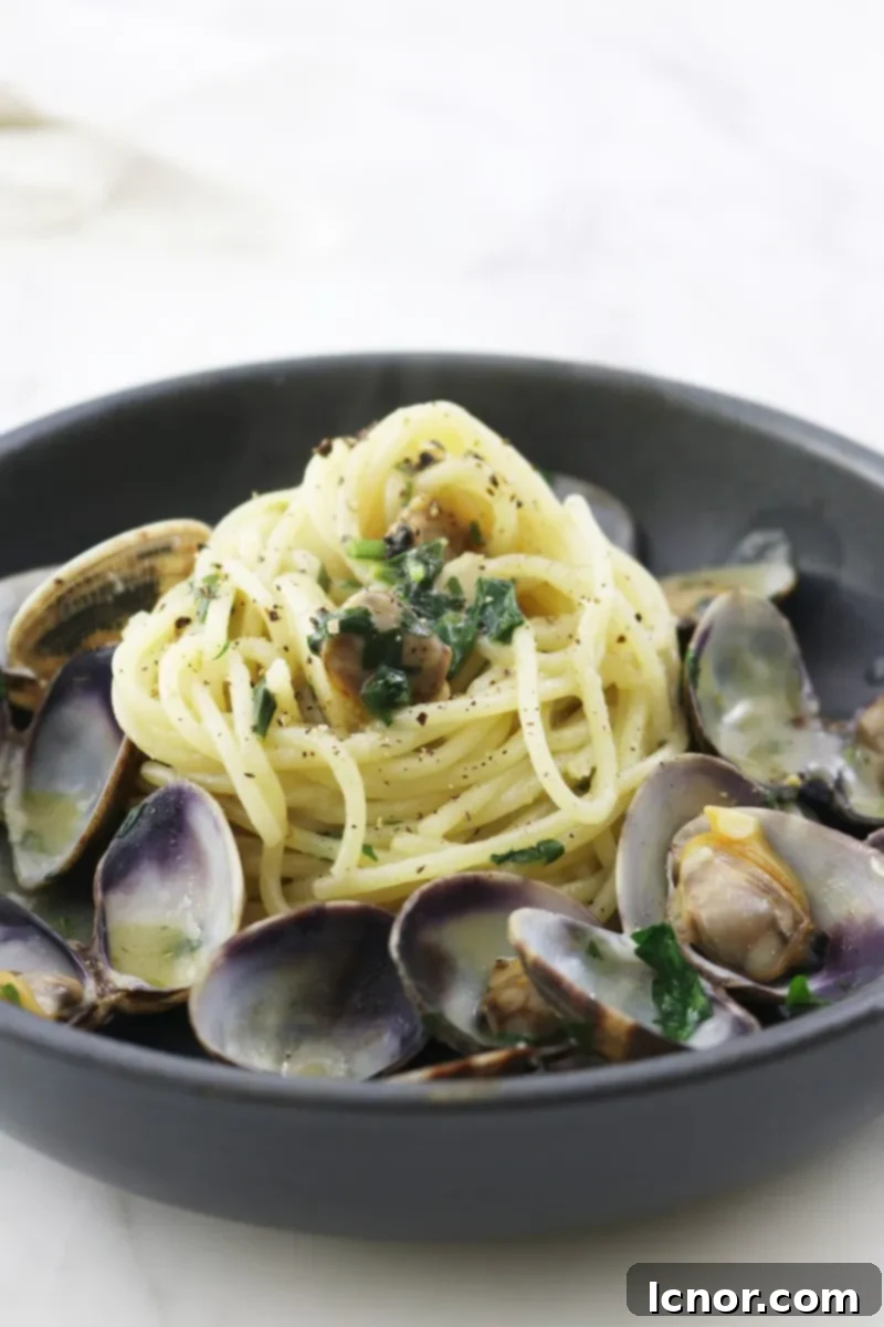 A beautifully plated dish of Spaghetti alle Vongole, featuring fresh clams in their shells, garnished with vibrant green parsley.