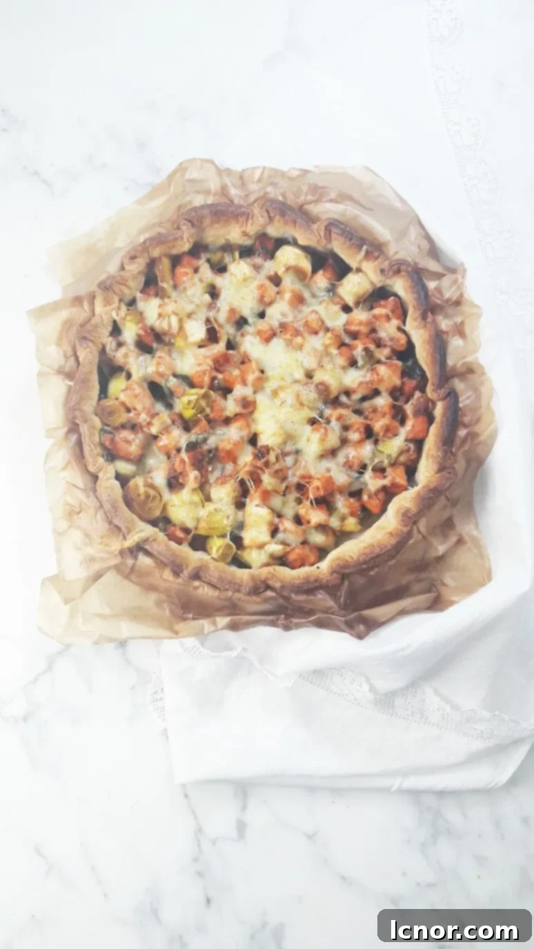 Sweet Potato Leek Tart, an elegant vegetarian side dish for Thanksgiving.