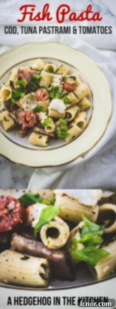 Pin image for tasty fish pasta with cod, tuna pastrami and tomatoes