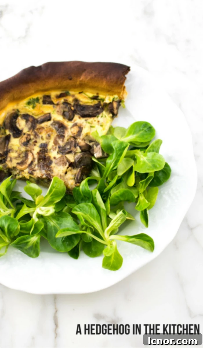 A perfectly portioned slice of cheesy mushroom quiche, ready to be served, highlighting its rich textures. #MushroomQuiche