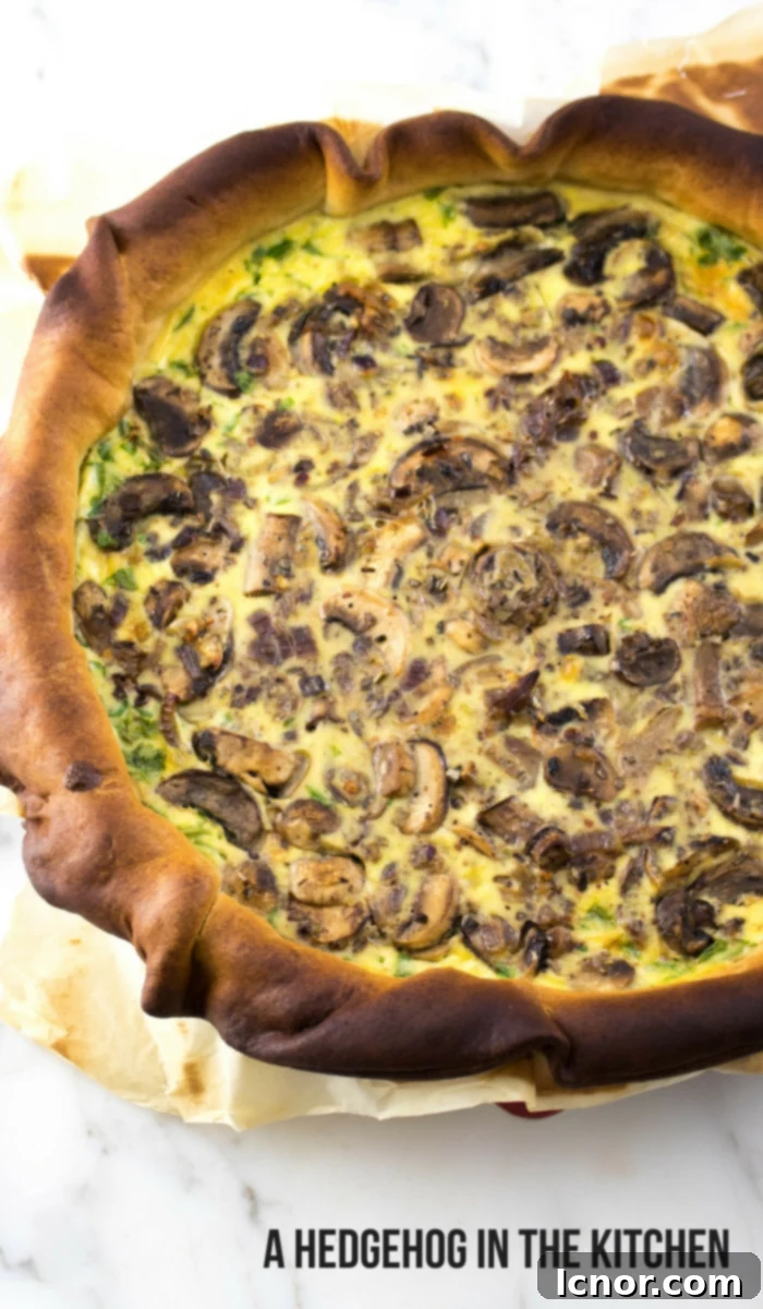 A large cheesy mushroom quiche, freshly baked and whole, waiting to be served, showing its golden-brown perfection. #quicherecipes