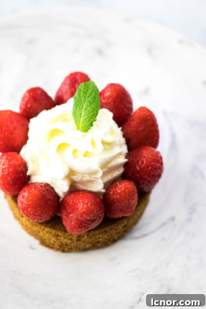 Fresh Strawberry Pie with shortbread & cream, presented beautifully on a white plate