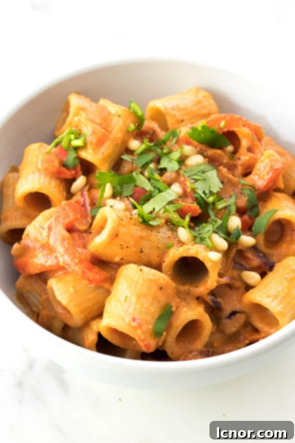 A close-up of Mezze Maniche pasta tossed in the creamy vegan tomato sauce, highlighting the rich texture and appealing color, ready to be garnished.