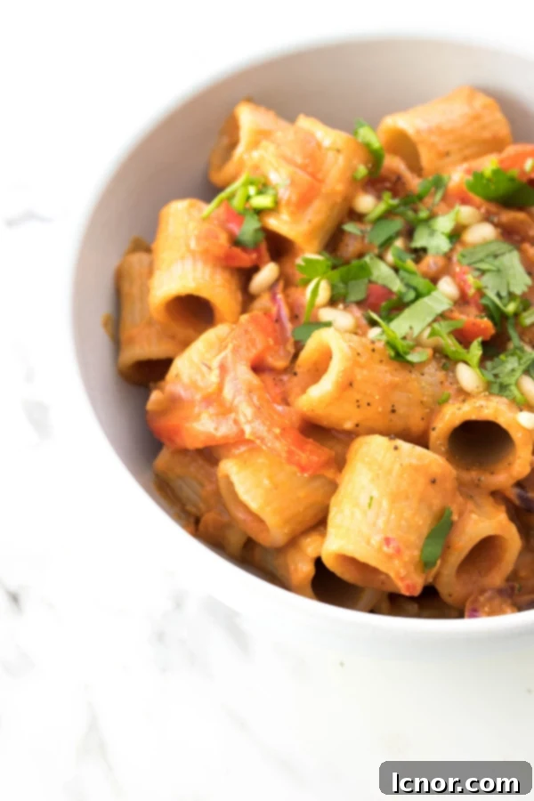 A delicious plate of creamy vegan tomato pasta with cashew nuts, adorned with fresh cilantro and pine nuts, captured from a beautiful overhead view.