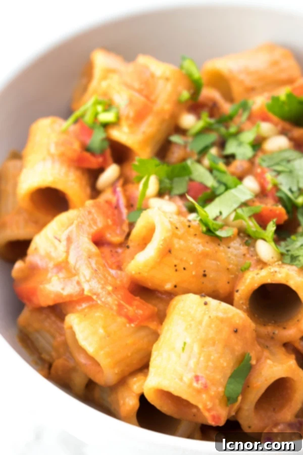 A vibrant and comforting bowl of creamy vegan tomato pasta with cashew nuts, garnished with fresh herbs and ready to be enjoyed.