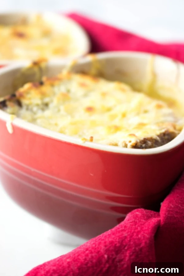veg French Onion Soup - close up in a heart shaped French onion soup bowl
