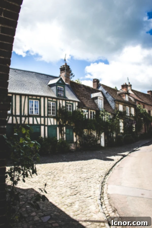 A charming street in Gerberoy lined with traditional half-timbered houses and vibrant flowers