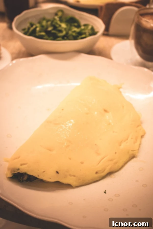 perfectly cooked, smooth, and golden French omelette served elegantly, a signature breakfast item at 86 Champs