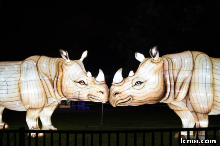 Luminous Rhinoceros Sculptures Appearing to Kiss