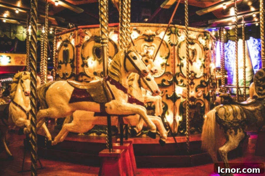 Entrance to Musee des Arts Forains with vintage fairground decorations and lights in Paris
