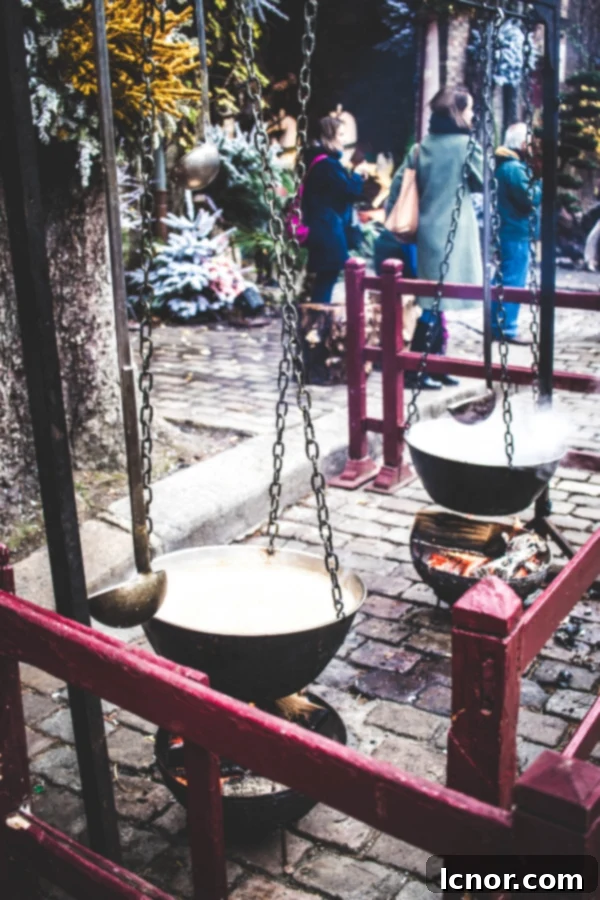 Delicious cheese crepes and mulled wine at the outdoor food market during the festival, capturing the culinary experience