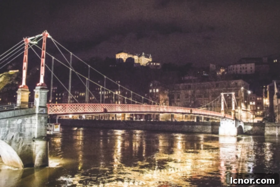 A night photo of the bridge in Lyon and Fourvière, things to do in Lyon