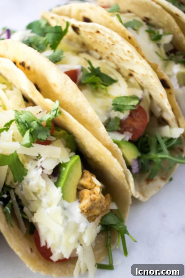 Sour cream, beyaz, kırmızı ve yeşil soslarla süslenmiş, tavukla doldurulmuş birkaç yumuşak taco