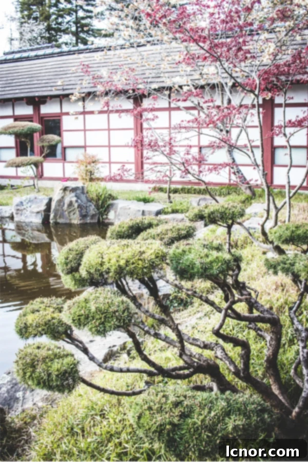 Pink Japanese house, water and trees in the Japanese Garden in Nantes