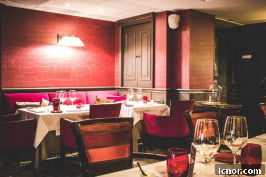 red dining room with wood accents
