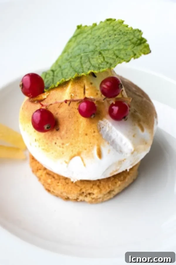 Elegant lemon tart topped with fluffy meringue, fresh red berries, and a mint leaf, a vibrant dessert from La Sirene Cap Gris Nez.