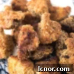 Breaded Mushrooms on a blue and white plate