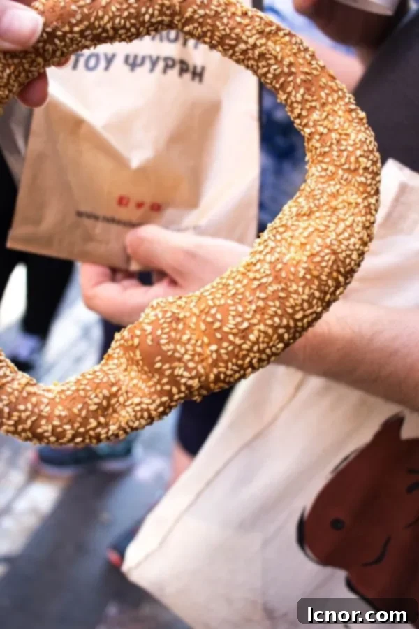 Athens food - koulouri, a round crispy bread topped with sesame seeds