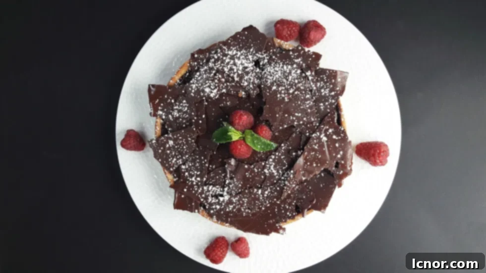 Chocolate ganache and raspberry caramel shortbread tart