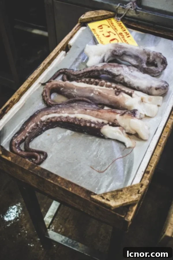 Athens Central Food Market: 10 Must-Visit Reasons 9 Fresh Octopus displayed at the market, showcasing its unique texture and color.