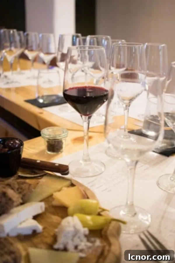 Wine tasting in Athens - several wine glasses on a table, one with red wine, prepared for tasting.